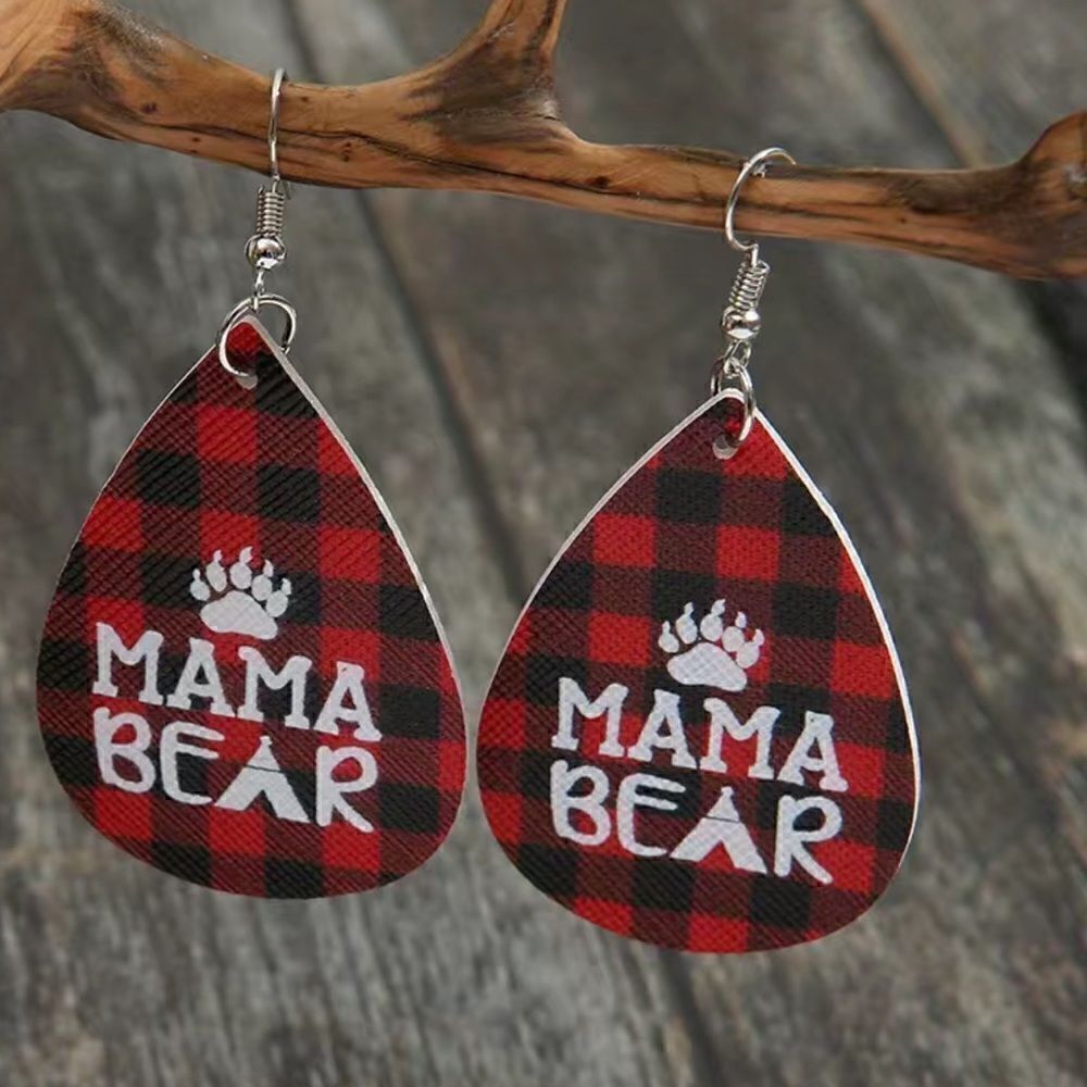 Mama Bear Red Plaid Tear Drop Earrings